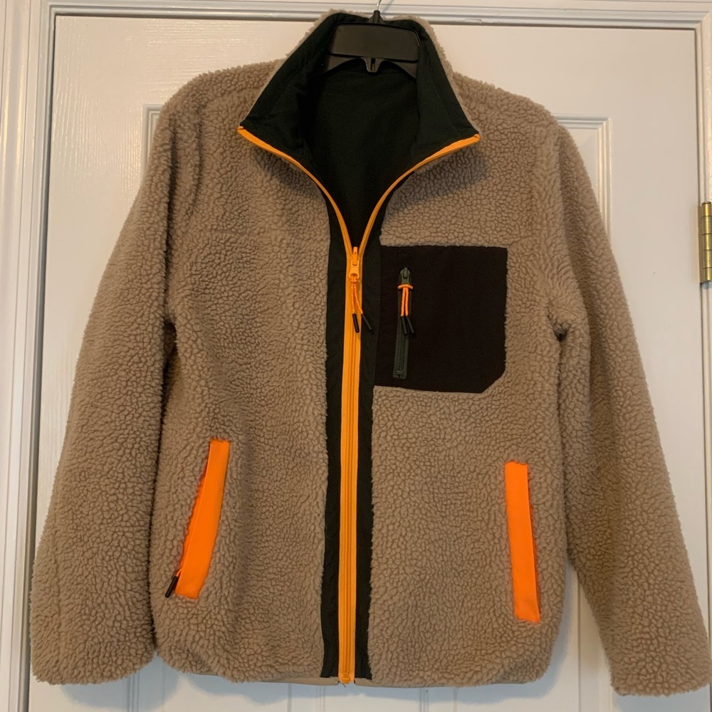 Tan Sherpa Fleece Jacket with Orange Accents